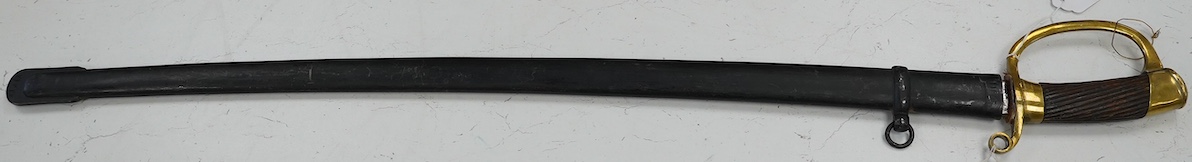 A 1920s Persian Cavalry Troopers sword Shashka, based on an 1881 pattern Russian Dragoons sword, in its scabbard numbered 21422, blade 79.5cm. Condition - generally good, scabbard painted black